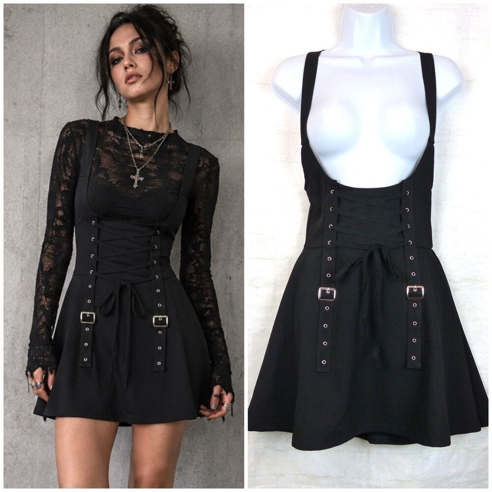 Social Collision Suspender Dress Womens XS Black Lace Up Grommet Skirtall Goth
